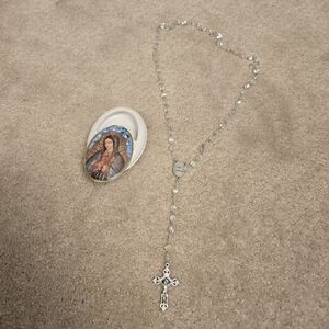 Italy Silver Ave Maria Cross Rosary Beads Chain Necklace & Box